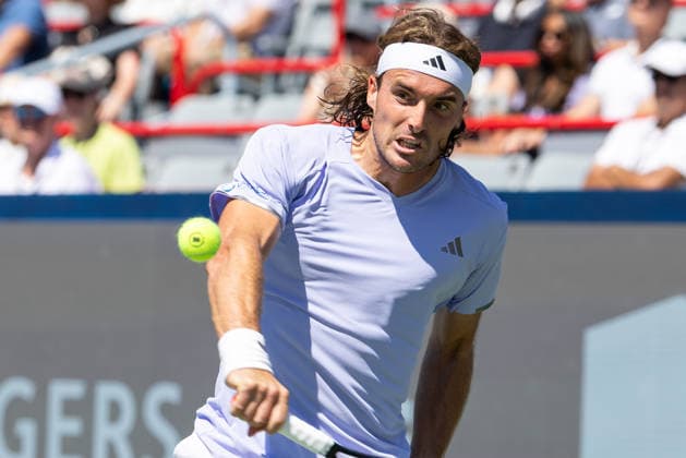 August 5, 2026, Montreal, Quebec, Canada: STEFANOS TSITSIPAS from Greece backhand in match against Joao Fonseca (22) from Brazil in second round at Canadian Open at IGA stadium in Montreal, Quebec, Canada on 2026-08-05 Montreal Canada - ZUMAl189 20260805_zsp_l189_010 Copyright: xYannickxLegarex
