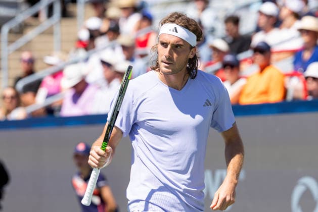 August 5, 2026, Montreal, Quebec, Canada: STEFANOS TSITSIPAS from Greece reaction in match against Joao Fonseca (22) from Brazil in second round at Canadian Open at IGA stadium in Montreal, Quebec, Canada on 2026-08-05 Montreal Canada - ZUMAl189 20260805_zsp_l189_012 Copyright: xYannickxLegarex