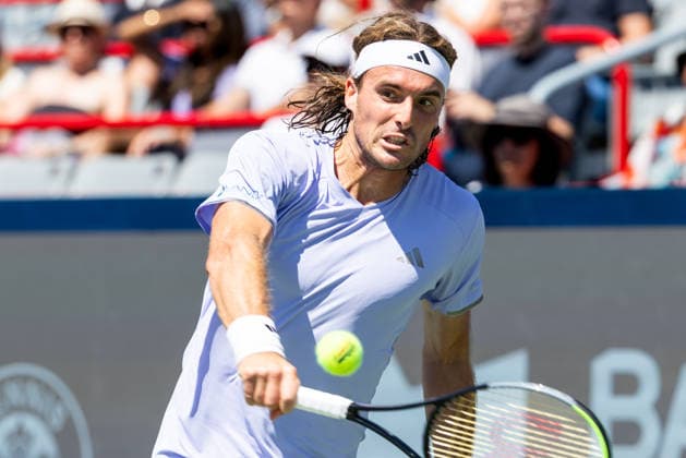 August 5, 2026, Montreal, Quebec, Canada: STEFANOS TSITSIPAS from Greece backhand in match against Joao Fonseca (22) from Brazil in second round at Canadian Open at IGA stadium in Montreal, Quebec, Canada on 2026-08-05 Montreal Canada - ZUMAl189 20260805_zsp_l189_025 Copyright: xYannickxLegarex
