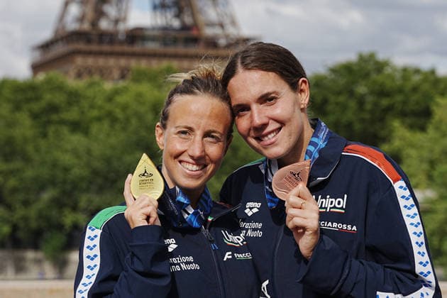 Open Water, Women s 5km, Ginevra TADDEUCCI and Barbara POZZOBON from Italy, gold and bronze medal at the European Aquatics Championships Paris 2026, Paris, August 05, 2026 .  Copyright: xGianxMattiaxD Alberto LaPressex