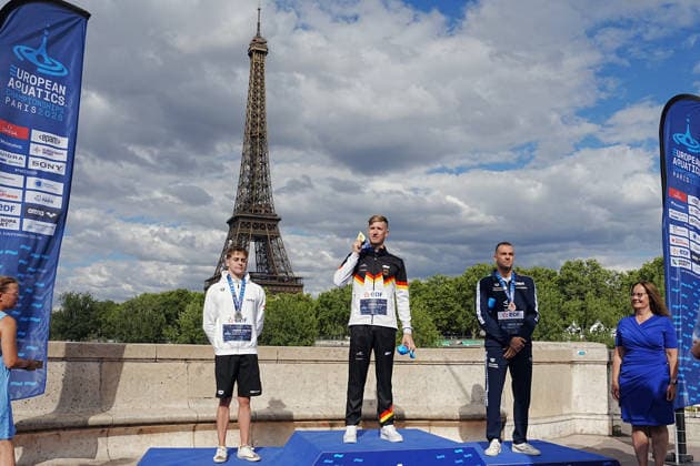 Open Water, Men s 5km, Gregorio PALTRINIERI from Italy, bronze, Florian WELLBROCK from Germany, gold, David BETLEHEM from Hungary, silver, at the European Aquatics Championships Paris 2026, Paris, August 05, 2026 .  Copyright: xGianxMattiaxD Alberto LaPressex