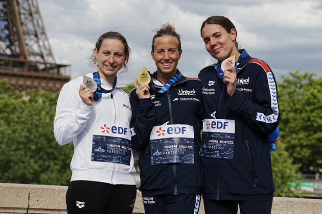 Open Water, Women s 5km, Barbara POZZOBON and Ginevra TADDEUCCI from Italy,Viktoria MIHALYVARI FARKAS from Hungary ,bronze , gold and silver medal at the European Aquatics Championships Paris 2026, Paris, August 05, 2026 .  Copyright: xGianxMattiaxD Alberto LaPressex