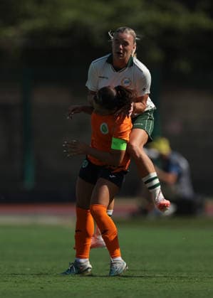 Biella, Italy, 5th August 2026. Filippa Curmark of Hammarby IF clashes with Xhulia Xhindole of KFF Apolonia during UEFA Womens Champions League 2nd Qualifying Round semi final match at Stadio Vittorio Pozzo, Biella. Picture credit should read: Jonathan Moscrop Sportimage EDITORIAL USE ONLY. No use with unauthorised audio, video, data, fixture lists, club league logos or live services. Online in-match use limited to 120 images, no video emulation. No use in betting, games or single club league player publications. SPI_035_JM_HAMMARBY_APOLONIA_UWCL SPI-4874-0035