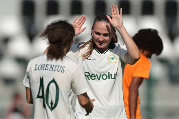 Biella, Italy, 5th August 2026. Vilde Hasund of Hammarby IF celebrates with team mate Ines Lorenius after scoring to give the side a 4-0 lead during UEFA Womens Champions League 2nd Qualifying Round semi final match at Stadio Vittorio Pozzo, Biella. Picture credit should read: Jonathan Moscrop Sportimage EDITORIAL USE ONLY. No use with unauthorised audio, video, data, fixture lists, club league logos or live services. Online in-match use limited to 120 images, no video emulation. No use in betting, games or single club league player publications. SPI_037_JM_HAMMARBY_APOLONIA_UWCL SPI-4874-0037