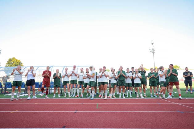 Biella, Italy, 5th August 2026. Hammarby IF players applaud and sing with their fans following the 4-0 victory in the Hammarby IF vs KFF Apolonia UEFA Womens Champions League 2nd Qualifying Round semi final match at Stadio Vittorio Pozzo, Biella. Picture credit should read: Jonathan Moscrop Sportimage EDITORIAL USE ONLY. No use with unauthorised audio, video, data, fixture lists, club league logos or live services. Online in-match use limited to 120 images, no video emulation. No use in betting, games or single club league player publications. SPI_040_JM_HAMMARBY_APOLONIA_UWCL SPI-4874-0040