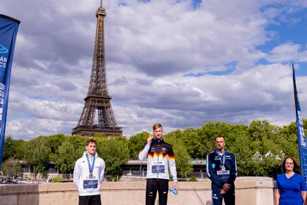 France, Paris, Seine River, 05.08.2026, European Aquatics Championships Artistic Swimming, Day 6, Medal Ceremony 5km Open Water, David Betlehem of Hungary, Florian Wellbrock of Germany and Gregorio Paltrinieri of Italy, Photo by Eibner Pressefoto Tino Henschel European Aquatics Championships Artistic Swimming, Day 6, Medal Ceremony 5km Open Water Paris *** France, Paris, Seine River, August 5, 2026, European Aquatics Championships – Artistic Swimming, Day 6, Medal Ceremony for the 5 km Open Water Event: David Betlehem of Hungary, Florian Wellbrock of Germany, and Gregorio Paltrinieri of Italy; Photo by Eibner Pressefoto Tino Henschel; European Aquatics Championships – Artistic Swimming, Day 6, Medal Ceremony for the 5 km Open Water Event, Paris Copyright: xEibnerxPressefotox