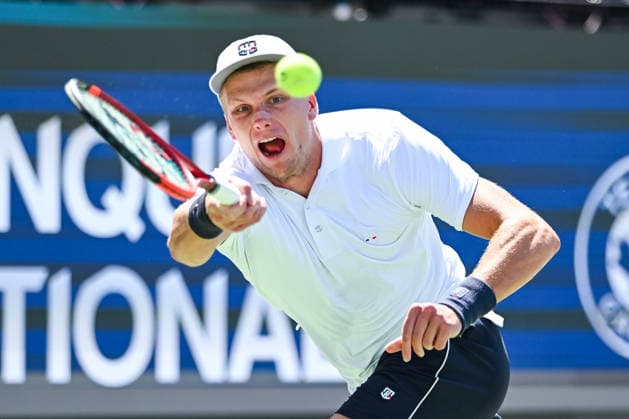 MONTREAL, QC - AUGUST 05: Jenson Brooksby (USA) returns the ball during a second round match at National Bank Open on August 05, 2026 at IGA Stadium in Montreal, QC (Photo by David Kirouac Icon Sportswire) TENNIS: AUG 05 National Bank Open EDITORIAL USE ONLY Icon26080503026