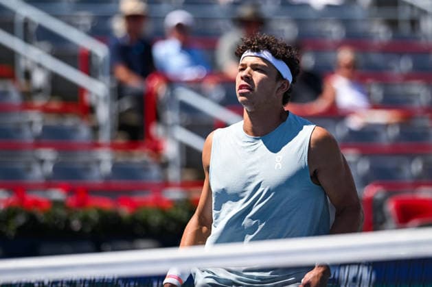 MONTREAL, QC - AUGUST 05: Look on Ben Shelton (USA) during a second round match at National Bank Open on August 05, 2026 at IGA Stadium in Montreal, QC (Photo by David Kirouac Icon Sportswire) TENNIS: AUG 05 National Bank Open EDITORIAL USE ONLY Icon26080504026