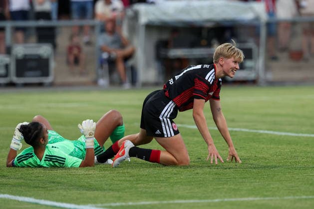 Frankfurt am Main, Germany - August 2026: goalkeeper Constantina Kouzali (Omonia Nicosia), Paulina Krumbiegel (Eintracht Frankfurt) seen celebrating after scoring goal to 8:0 during the second Qualifying Round Match Eintracht Frankfurt and Omonia Nicosia - Semi-finals of the UEFA Womens LP Mini Tournament at Stadium am Bretanobad in Frankfurt am Main, Germany *** Frankfurt am Main, Germany, August 2026: Goalkeeper Constantina Kouzali of Omonia Nicosia, Paulina Krumbiegel of Eintracht Frankfurt is seen celebrating after scoring a goal to make the score 8–0 during the second qualifying round match between Eintracht Frankfurt and Omonia Nicosia in the semifinals of the UEFA Women’s LP Mini Tournament at Stadium am Bretanobad in Frankfurt am Main, Germany Copyright: HMBxMedia JoaquimxFerreira