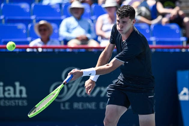 MONTREAL, QC - AUGUST 05: Juan Manuel Cerundolo (ARG) returns the ball during a second round match at National Bank Open on August 05, 2026 at IGA Stadium in Montreal, QC (Photo by David Kirouac Icon Sportswire) TENNIS: AUG 05 National Bank Open EDITORIAL USE ONLY Icon26080505726