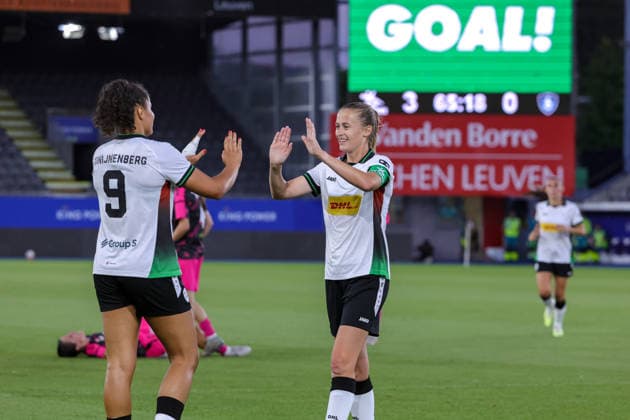 260805 UWCL OH Leuven vs TSC Jada Conijnenberg (9) of OH Leuven celebrating her goal with Julie Biesmans (30) of OH Leuven during a female soccer game between OH Leuven (BEL) and TSC (SRB) Second qualifying round, Semi-finals of UEFA Champions League Mini Tournament 5, on Wednesday 5 August 2026 in LEUVEN , BELGIUM . PHOTO SPORTPIX Sevil Oktem LEUVEN DEN DREEF BELGIUM  Copyright: xSportpix.bex xSevilxOktemxSevilxOktemx