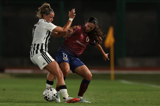 Biella, Italy, 5th August 2026. Ana Capeta of Juventus clashes with Maria Margarida Rosa Guerreiro of SCU Torreense during the Juventus Women vs SCU Torreense UEFA Womens Champions League 2nd Qualifiying Round Semi Final match at Stadio Vittorio Pozzo, Biella. Picture credit should read: Jonathan Moscrop Sportimage EDITORIAL USE ONLY. No use with unauthorised audio, video, data, fixture lists, club league logos or live services. Online in-match use limited to 120 images, no video emulation. No use in betting, games or single club league player publications. SPI_002_JM_JUVE_TORREENSE_UWCL SPI-4875-0002