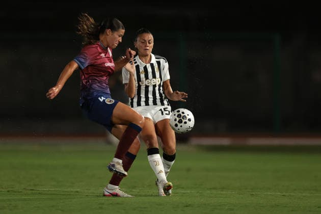 Biella, Italy, 5th August 2026. Ella Rose Tonkin of SCU Torreense challenges Annamaria Serturini of Juventus during the Juventus Women vs SCU Torreense UEFA Womens Champions League 2nd Qualifiying Round Semi Final match at Stadio Vittorio Pozzo, Biella. Picture credit should read: Jonathan Moscrop Sportimage EDITORIAL USE ONLY. No use with unauthorised audio, video, data, fixture lists, club league logos or live services. Online in-match use limited to 120 images, no video emulation. No use in betting, games or single club league player publications. SPI_001_JM_JUVE_TORREENSE_UWCLx SPI-4875-0003