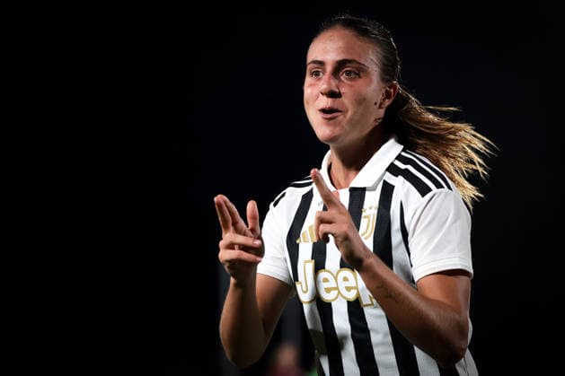 Biella, Italy, 5th August 2026. Estela Carbonell of Juventus celebrates with team mates after scoring to give the side a 1-0 lead during the Juventus Women vs SCU Torreense UEFA Womens Champions League 2nd Qualifiying Round Semi Final match at Stadio Vittorio Pozzo, Biella. Picture credit should read: Jonathan Moscrop Sportimage EDITORIAL USE ONLY. No use with unauthorised audio, video, data, fixture lists, club league logos or live services. Online in-match use limited to 120 images, no video emulation. No use in betting, games or single club league player publications. SPI_007_JM_JUVE_TORREENSE_UWCL SPI-4875-0009