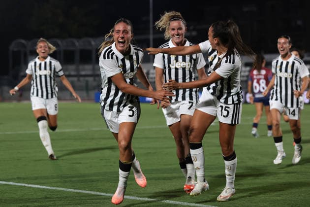 Biella, Italy, 5th August 2026. Estela Carbonell of Juventus celebrates with team mates Ana Capeta and Annamaria Serturini after scoring to give the side a 1-0 lead during the Juventus Women vs SCU Torreense UEFA Womens Champions League 2nd Qualifiying Round Semi Final match at Stadio Vittorio Pozzo, Biella. Picture credit should read: Jonathan Moscrop Sportimage EDITORIAL USE ONLY. No use with unauthorised audio, video, data, fixture lists, club league logos or live services. Online in-match use limited to 120 images, no video emulation. No use in betting, games or single club league player publications. SPI_011_JM_JUVE_TORREENSE_UWCL SPI-4875-0013