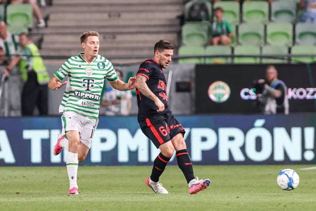 05.08.2026, Budapeszt Liga Europy UEFA sezon 2026 27 runda III kwalifikacji, Ferencvaros Budapest - Gornik Zabrze - UEFA Europa League football Match season 2026 27 round III qualification Ferencvaros Budapeszt - Gornik Zabrze Nz. Kristoffer Zachariassen Erik Janza Fot. Michal Chwieduk Arena Akcji NEWSPIX.PL --- newspix.pl 