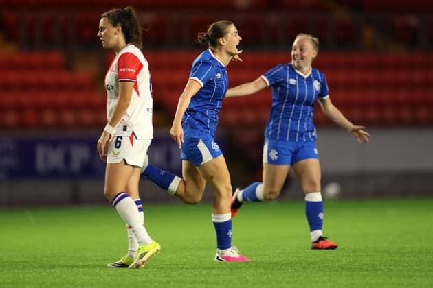 Eilidh Austin of Rangers celebrates her goal during the UEFA Women s Champions League qualifying match at Broadwood Stadium, Scotland. UEFA Women s Champions League - Second Qualifying Round - Semi Finals - Slavia Prague Women v Rangers Women - Broadwood Stadium, Cumbernauld, Lanarkshire, Scotland, UK - 05 Aug 2026Cumbernauld Broadwood Stadium Lanarkshire United Kingdom  Copyright: xO Rourke RangersxFC Shutterstockx 17048546f
