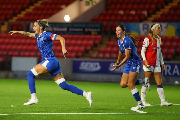 Rangers women captain Nicola Docherty celebrates her goal during the UEFA Women s Champions League qualifying match at Broadwood Stadium, Scotland. UEFA Women s Champions League - Second Qualifying Round - Semi Finals - Slavia Prague Women v Rangers Women - Broadwood Stadium, Cumbernauld, Lanarkshire, Scotland, UK - 05 Aug 2026Cumbernauld Broadwood Stadium Lanarkshire United Kingdom  Copyright: xO Rourke RangersxFC Shutterstockx 17048546j