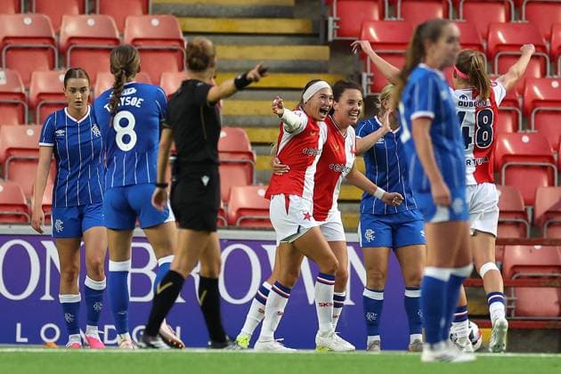 Isabella Briede of Slavia Prague celebrates her goal with her team mates during the UEFA Women s Champions League qualifying match at Broadwood Stadium, Scotland. UEFA Women s Champions League - Second Qualifying Round - Semi Finals - Slavia Prague Women v Rangers Women - Broadwood Stadium, Cumbernauld, Lanarkshire, Scotland, UK - 05 Aug 2026Cumbernauld Broadwood Stadium Lanarkshire United Kingdom  Copyright: xO Rourke RangersxFC Shutterstockx 17048546r