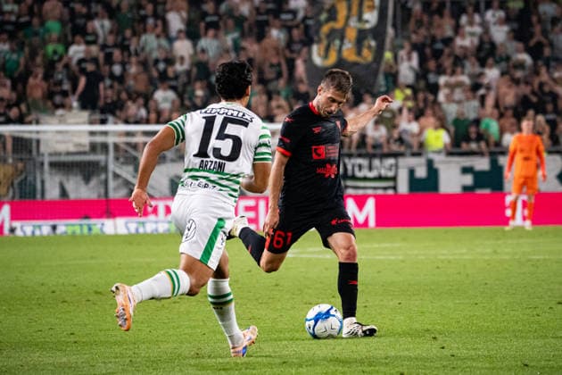 Daniel Arzani and Michal Sacek seen during UEFA Europa League qualifying game between teams of Ferencvaros and Gornik Zabrze (Matej Sagan Ball Raw Images) Budapest Groupama Arena Slovakia Copyright: xMatejxSaganx DSC03136