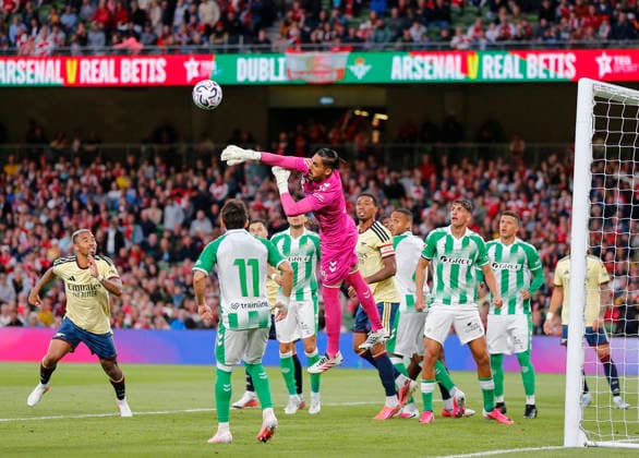 RECORD DATE NOT STATED 5th August 2026; Aviva Stadium, Dublin, Ireland; Friendly Football, Arsenal versus Real Betis; Alvaro Valles of Real Betis punches the ball away PeterxFitzpatrick