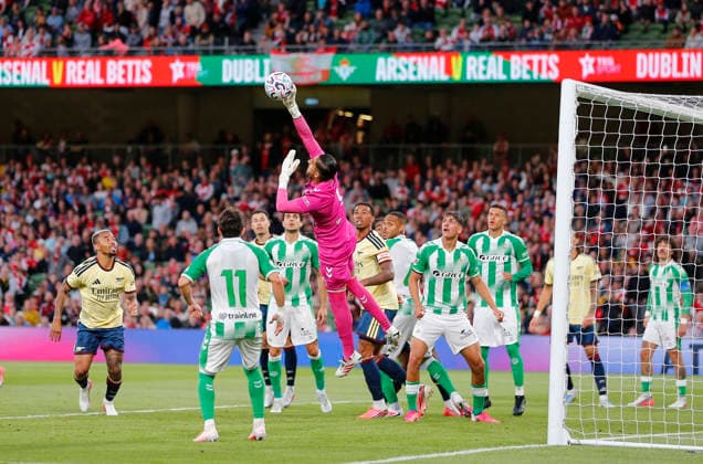 RECORD DATE NOT STATED 5th August 2026; Aviva Stadium, Dublin, Ireland; Friendly Football, Arsenal versus Real Betis; Alvaro Valles of Real Betis punches the ball away PeterxFitzpatrick