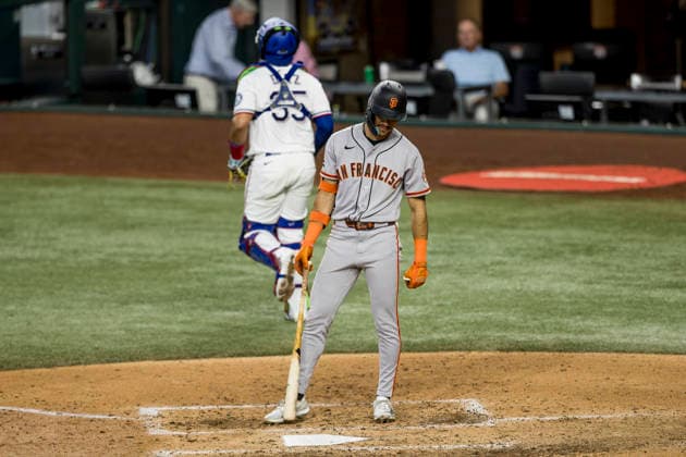 August 5, 2026, Arlington, Texas, USA: San Francisco Giants center fielder GRANT MCCRAY (58) reacts to a strikeout against the Texas Rangers at Globe Life Field. Rangers win 6-0. Arlington USA - ZUMAf180 20260805_zsp_f180_019 Copyright: xMarkxFannx