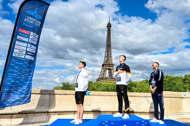 David Betlehem of Hungary, silver, Florian Wellbrock of Germany, gold, Gregorio Paltrinieri of Italy, bronze attend the medal ceremony of the open water swimming 5km Men Final during the European Aquatics Championships at the River Seine in Paris (France), August 5, 2026. Andrea Staccioli Deepbluemedia Insidefoto