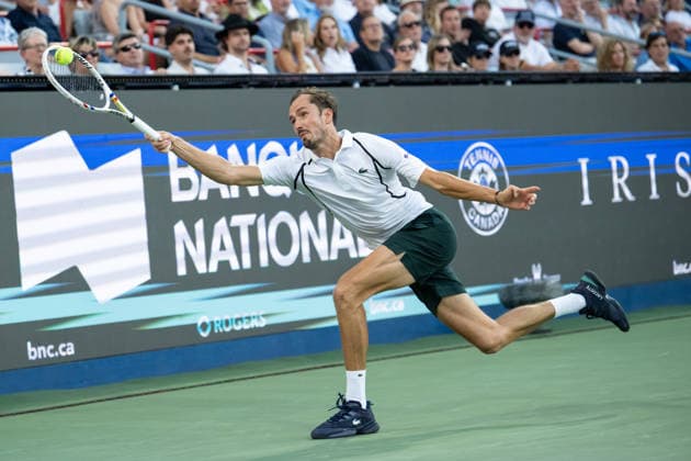 MONTREAL, QC - AUGUST 05: Daniil Medvedev against Botic Van De Zandschulp from Netherlands during their singles second round match on day three of the ATP, Tennis Herren 1000 National Bank Open presented by Rogers at Stade IGA on August 5, 2026 in Montreal, Quebec, Canada.(Photo by Vincent Ethier Icon Sportswire) TENNIS: AUG 05 National Bank Open EDITORIAL USE ONLY Icon2608054248