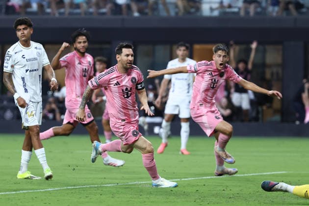 MIAMI, FL - AUGUST 05: Inter Miami CF offense Leo Messi (10) scores a goal in the first half for a 1-1 score during the Leagues Cup match between Inter Miami and Athletico de San Luis on Wednesday, August 5, 2026 at Nu Stadium in Miami, FL. (Photo by Peter Joneleit Icon Sportswire) SOCCER: AUG 05 Leagues Cup Miami vs Atletico de San Luis EDITORIAL USE ONLY Icon260805003
