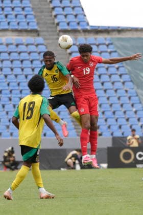 CONCACAF U-20 Championship - Canada vs Jamaica Marius Aiyenero (R) of Canada vies for the ball with Raequan Campbell-Dennis (L) of Jamaica during a CONCACAF U-20 Championship match between Canada and Jamaica at Cuauhtemoc Stadium in Puebla, Mexico, 05 August 2026. Puebla Mexico  Copyright: xHildaxRiosx