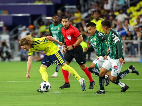 August 5, 2026: Nashville SC midfielder Charles Brunet (12) gets tripped up during a Leagues Cup match between Leon and Nashville SC at Geodis Park in Nashville, TN. CSM Nashville United States of America - ZUMAc04_ 20260805_zma_c04_003 Copyright: xStephenxFurstx