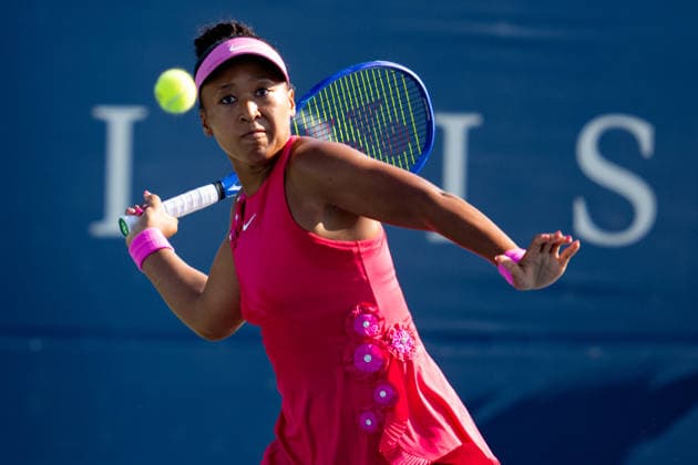 TORONTO, ON - AUGUST 05: Naomi Osaka of Japan returns a shot during her match at the WTA, Tennis Damen National Bank Open tournament on August 5, 2026 at Sobeys Stadium in Toronto, ON, Canada (Photo by Julian Avram Icon Sportswire) TENNIS: AUG 05 National Bank Open EDITORIAL USE ONLY Icon2608050150