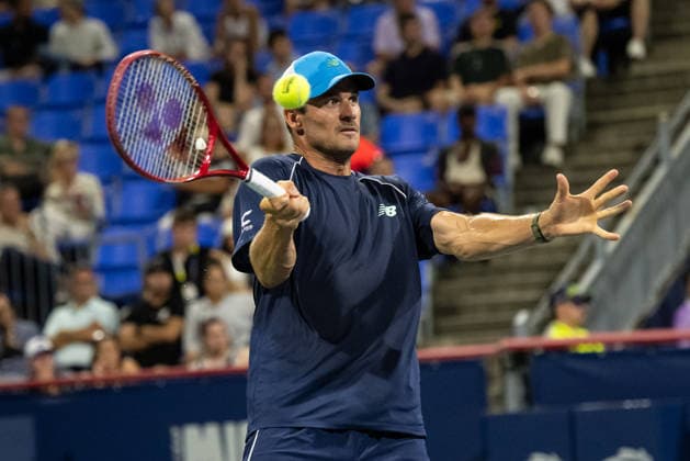 MONTREAL, QC - AUGUST 05: Tommy Paul from USA returns the ball against Valentin Royer from France during their singles second round match on day three of the ATP, Tennis Herren 1000 National Bank Open presented by Rogers at Stade IGA on August 5, 2026 in Montreal, Quebec, Canada.(Photo by Vincent Ethier Icon Sportswire) TENNIS: AUG 05 National Bank Open EDITORIAL USE ONLY Icon2608055400