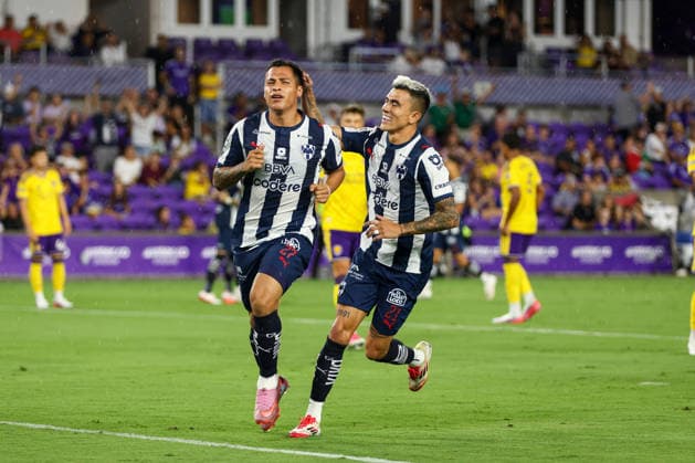 August 5, 2026, Orlando, Florida, USA: Monterrey forward ROBERTO DE LA ROSA (27) and defender LUIS REYES (21) celebrate after a goal. Orlando City SC hosted C.F. Monterrey in phase one of Leagues Cup 2026 at Inter.Co Stadium in Orlando, FL. Orlando USA - ZUMAm299 20260805_znp_m299_007 Copyright: xTaylorxMcFeex