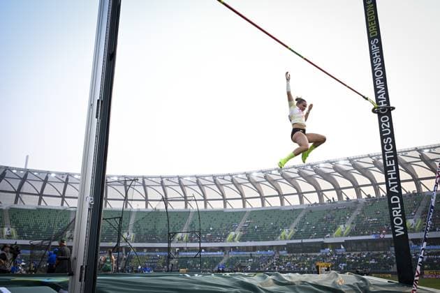 Belgian Kyani Joosten pictured in action during the women s pole vault competition, at the World Athletics U20 Championships, Wednesday 5th of August 2026, in Eugene, USA. The world championships take place from 5 to 9 August. THOMASxWINDESTAM  x182846690x