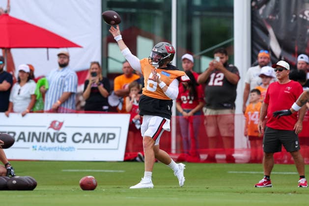 August 6, 2026: Tampa Bay Buccaneers quarterback Baker Mayfield (6) during training camp at AdventHeath Training Center in Tampa, FL. Taylor McFee CSM Tampa USA - ZUMAc04_ 20260806_zma_c04_010 Copyright: xTaylorxMcfeex