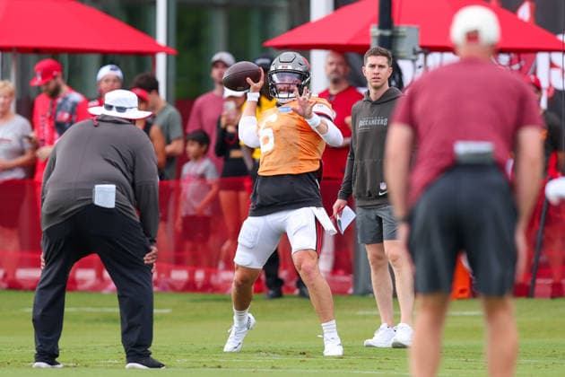 August 6, 2026: Tampa Bay Buccaneers quarterback Baker Mayfield (6) during training camp at AdventHeath Training Center in Tampa, FL. Taylor McFee CSM Tampa USA - ZUMAc04_ 20260806_zma_c04_019 Copyright: xTaylorxMcfeex