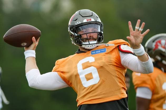 August 6, 2026, Tampa, Florida, USA: Tampa Bay Buccaneers quarterback Baker Mayfield (6) throws a pass to a receiver during training camp at the AdventHealth Training Center in Tampa on Thursday, Aug. 6, 2026. Tampa USA - ZUMAs70_ 0863477144st Copyright: xJeffereexWoox