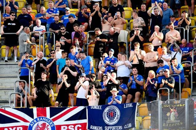 Rangers fans seen in the stands. Jagiellonia Bialystok v Rangers, UEFA Europa League, 3rd Qualifying Round, Football, Chorten Arena, Biaystok, Poland - 06 Aug 2026Bialystok Chorten Arena Scotland Portugal  Copyright: xAdamxNurkiewicz Shutterstockx 17050170f