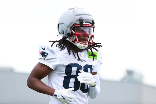 FOXBOROUGH, MA - AUGUST 06: Jeremiah Franklin 80 of the New England Patriots warms up during New England Patriots training camp on August 6, 2026 at Gillette Stadium in Foxborough, Massachusetts. (Photo by Summer Lamont Icon Sportswire) NFL, American Football Herren, USA AUG 06 Patriots Training Camp EDITORIAL USE ONLY Icon260806011