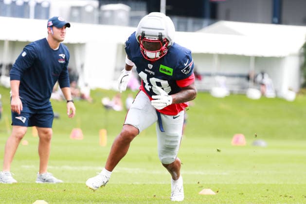 FOXBOROUGH, MA - AUGUST 06: Namdi Obiazor 48 of the New England Patriots runs through a drill during New England Patriots training camp on August 6, 2026 at Gillette Stadium in Foxborough, Massachusetts. (Photo by Summer Lamont Icon Sportswire) NFL, American Football Herren, USA AUG 06 Patriots Training Camp EDITORIAL USE ONLY Icon260806019