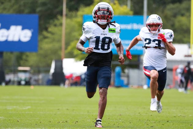 FOXBOROUGH, MA - AUGUST 06: Kyle Williams 18 of the New England Patriots runs in a drill during New England Patriots training camp on August 6, 2026 at Gillette Stadium in Foxborough, Massachusetts. (Photo by Summer Lamont Icon Sportswire) NFL, American Football Herren, USA AUG 06 Patriots Training Camp EDITORIAL USE ONLY Icon260806030