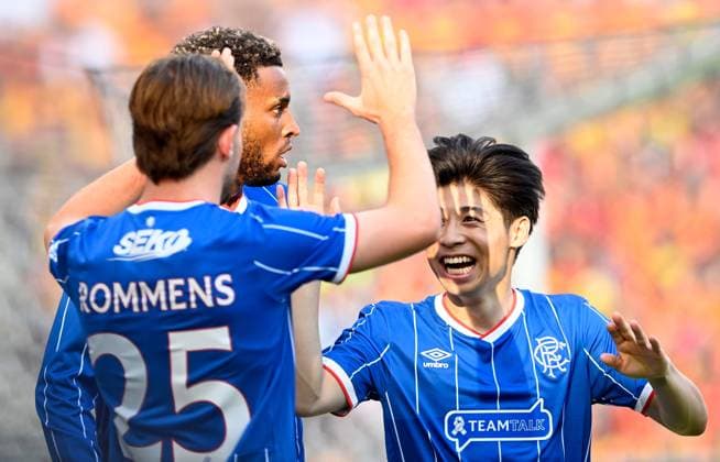 Rangers celebrate the opening goal, an own goal scored by Guilherme Montoia of Jagiellonia Bialystok. Jagiellonia Bialystok v Rangers, UEFA Europa League, 3rd Qualifying Round, Football, Chorten Arena, Biaystok, Poland - 06 Aug 2026Bialystok Chorten Arena Scotland Portugal  Copyright: xAdamxNurkiewicz Shutterstockx 17050170q