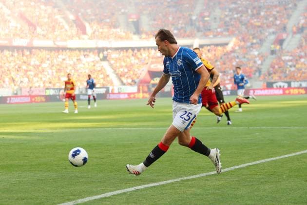 Tuur Rommens of Rangers cross is turned into the net by Guilherme Montoia of Jagiellonia Bialystok during the UEFA Europa League third qualifying round first leg match at Chorten Arena, Bialystok. Jagiellonia Bialystok v Rangers - UEFA Europa League 3rd Round Qualifying - Chorten Arena, Lanarkshire, Poland - 06 Aug 2026Bialystok Chorten Arena Lanarkshire Poland EDITORIAL USE ONLY  Copyright: xRangersxFC Shutterstockx 17051216bz