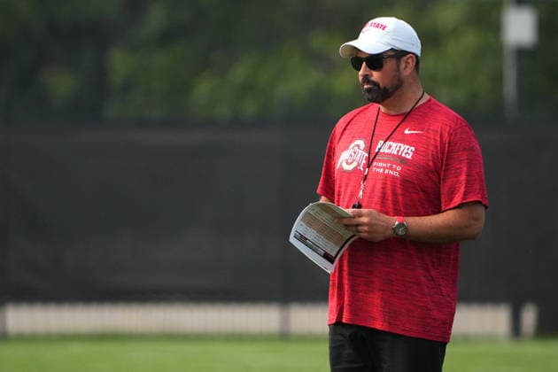 COLUMBUS, OH - AUGUST 06: Ryan Day Head Coach of the Ohio State Buckeyes looks on during fall camp held at the Woody Hayes Athletic Center on August 6, 2026 in Columbus, Ohio (Photo by Jason Mowry Icon Sportswire) COLLEGE FOOTBALL: AUG 06 Ohio State Fall Camp EDITORIAL USE ONLY Icon260806002