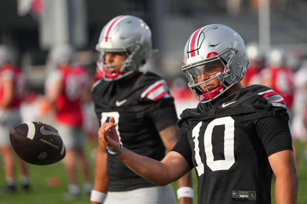 COLUMBUS, OH - AUGUST 06: Julian Sayin 10 of the Ohio State Buckeyes seen in action during fall camp held at the Woody Hayes Athletic Center on August 6, 2026 in Columbus, Ohio (Photo by Jason Mowry Icon Sportswire) COLLEGE FOOTBALL: AUG 06 Ohio State Fall Camp EDITORIAL USE ONLY Icon260806013