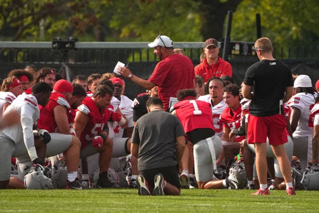 COLUMBUS, OH - AUGUST 06: Ryan Day Head Coach of the Ohio State Buckeyes addresses players during fall camp held at the Woody Hayes Athletic Center on August 6, 2026 in Columbus, Ohio (Photo by Jason Mowry Icon Sportswire) COLLEGE FOOTBALL: AUG 06 Ohio State Fall Camp EDITORIAL USE ONLY Icon260806016