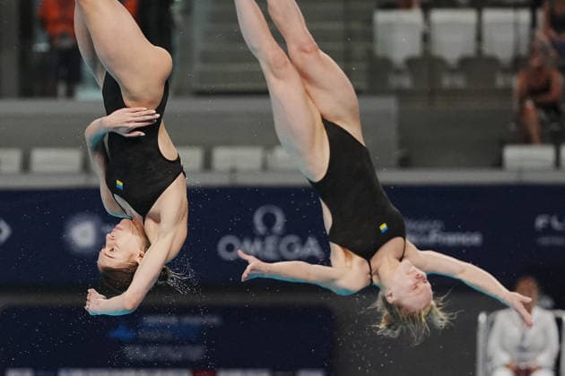 Women s Synchronised 3m Springboard, Kseniia BOCHEK Diana KARNAFEL from Ukraine, silver medal at the European Aquatics Championships Paris 2026, Paris, August 06, 2026 .  Copyright: xGianxMattiaxD Alberto LaPressex