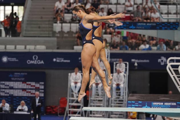 Women s Synchronised 3m Springboard, Chiara PELLACANI, Elisa PIZZINI from Italy, gold medal at the European Aquatics Championships Paris 2026, Paris, August 06, 2026 .  Copyright: xGianxMattiaxD Alberto LaPressex